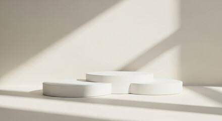 Minimalist white podiums with soft shadows and diagonal light patterns