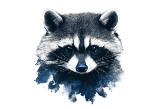 Watercolor raccoon face logo, white background in silhouette .