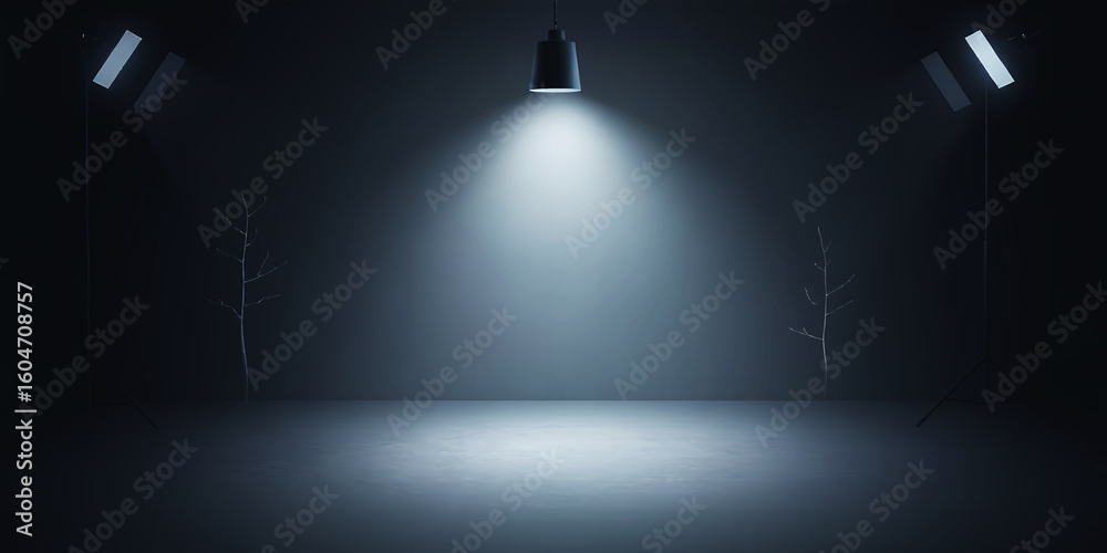 Poster a studio setup with three lights illuminating the space and two small trees on either side