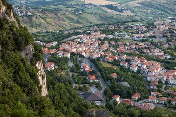 Obraz premium Scenic View of San Marino – Historic Architecture and Mountain Landscape. One of the smallest countries in the world, located in the heart of Italy. Travel concept in Europe