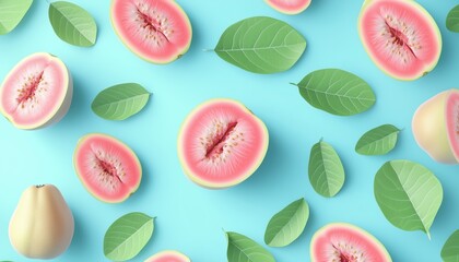 Top View Of Guava'S Full Fruit Pattern On A Blue Background Showcases The Intricate Design And Vibrant Colors Of The Guava Fruit.
