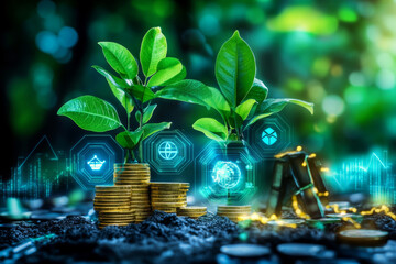 Image depicts young green plants growing from stacks of coins, symbolizing sustainable investment and environmental growth, with digital icons representing technology and social impact