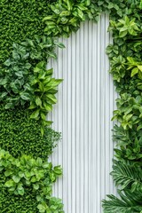 Lush vertical garden frames a white wood plank background with varied green foliage.