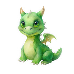 Fototapeta premium Adorable green baby dragon with big eyes isolated on transparent background