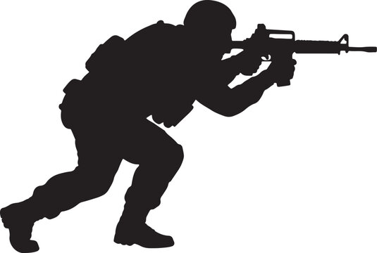 Military soldier silhouette aiming with rifle, representing tactical combat operations and armed forces on patrol for security missions
