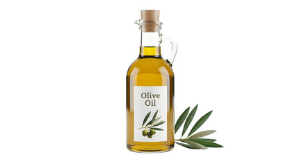 A bottle of olive oil with a cork and olive leaves on black    .ai generative, transparent background, white background. isolated on white background