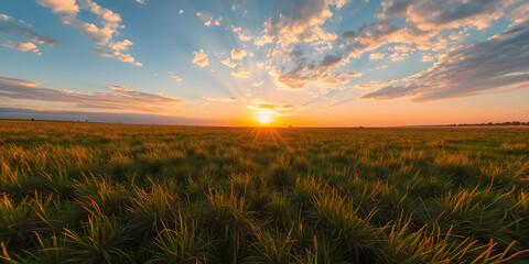 A scenic view of a field with tall grass under a cloudy sky at sunset with golden light shining through