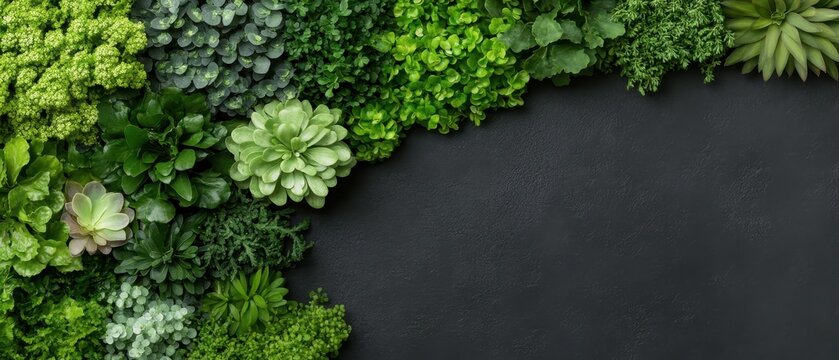 Lush vertical garden arrangement with diverse green plants on dark background.