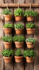 Fototapeta premium Collection of assorted green plants in terracotta pots displayed on weathered wooden planks