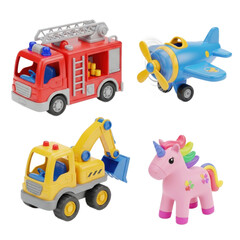 Naklejka premium Colorful, Toy Vehicle Set on transparent background