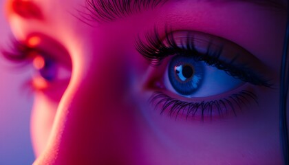 A striking female face as a graphic resource: close-up beauty in bright neon multi-colored lighting, fantastic and realistic at the same time, with an emphasis on the mesmerizing look of bottomless ey