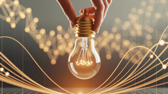 Hand Holding Glowing Light Bulb Symbolizes Innovation and Creativity with Abstract Lines and Nodes in Background