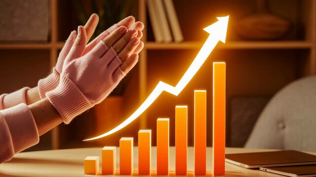 Person Wearing Gloves Clapping Near Glowing Upward Graph, Symbolizing Success and Growth, with Hands Clapping in Celebration