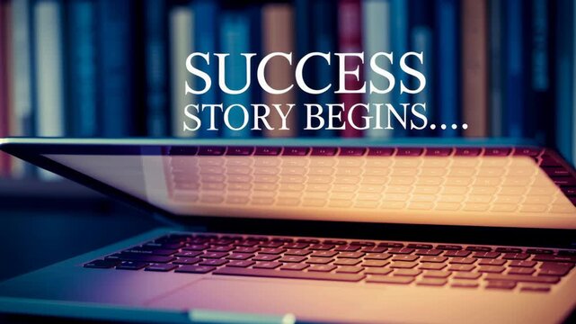 Open Laptop with Glowing Screen in Dimly Lit Room, Books in Background, Symbolizing Success Story Beginning