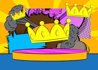 Comic Book Product podium stage for mock-up presentation with Crown. Retro comics background.