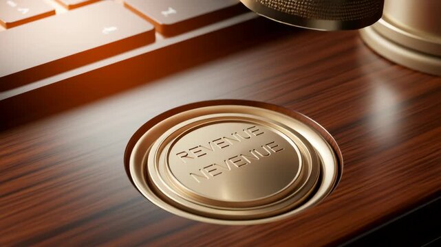 Hand Turning Gold Knob Labeled Revenue on Wooden Surface, Symbolizing Financial Growth and Business Success