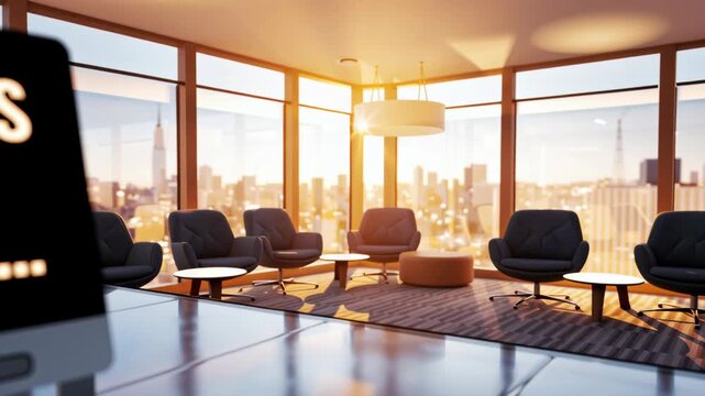 Modern Office Lounge with City View Stylish Chairs, Motivational Sign, and Cozy Seating for Success Story Begins in Inviting Atmosphere