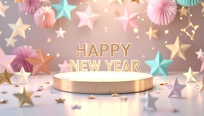 Laser-cut acrylic "Happy New Year" sign glowing on a glossy resin table, surrounded by abstract pastel paper stars