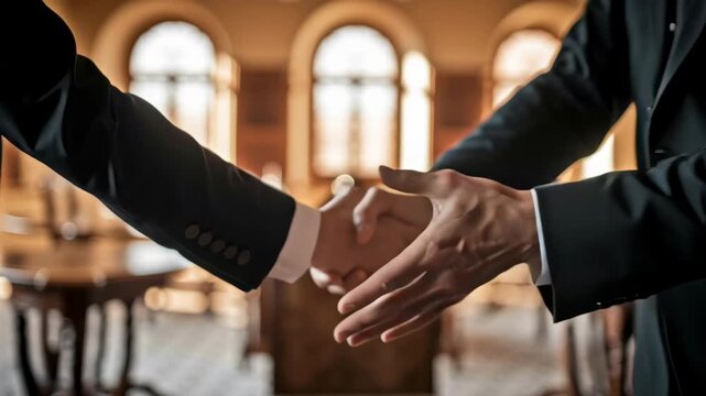 Formal Business Meeting Professionals in Negotiation and Partnership, Shaking Hands Over Documents to Symbolize Successful Agreement and Collaboration