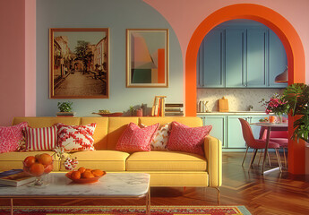 Striking interior design with a bold color palette. Shades of pink, orange, and yellow harmonize with blue, ideal for lifestyle and creative projects.