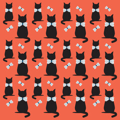 Cat with polka dot bows seamless pattern on orange background vector illustration