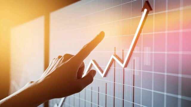 Hand Points at Rising Graph on Digital Screen, Symbolizing Growth and Success in Business or Finance Chart