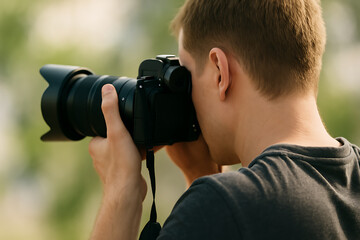 Man using professional DSLR camera for outdoor photography, male photographer capturing nature image with telephoto lens, modern camera gear enthusiast in action, hobbyist focusing through viewfinder
