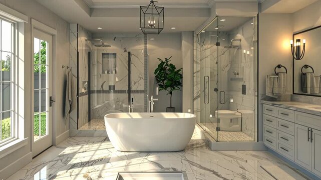 Spa-inspired 3D bathroom showcasing freestanding tub, walk-in shower, and double vanity for a serene and luxurious retreat. 3d background room