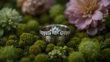 Wedding bands against greenery