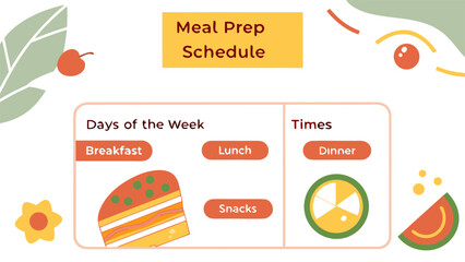 Fototapeta premium Meal prep schedule with days of the week and times, including breakfast, lunch, dinner and snacks icons