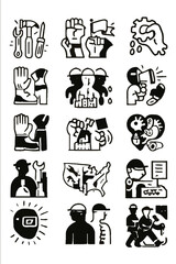 A collection of bold, black and white vector illustrations showcasing labor, industry, and worker-related themes, perfect for design projects.