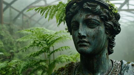 Old stoic statue overgrown with plants in abandoned greenhouse
