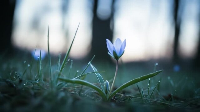 Delicate blue scilla flower blooming in spring, close-up shot with soft focus