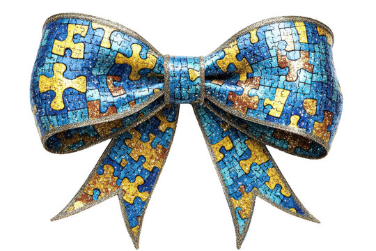 Colorful autism awareness puzzle piece ribbon bow isolated on transparent background - Powered by Adobe