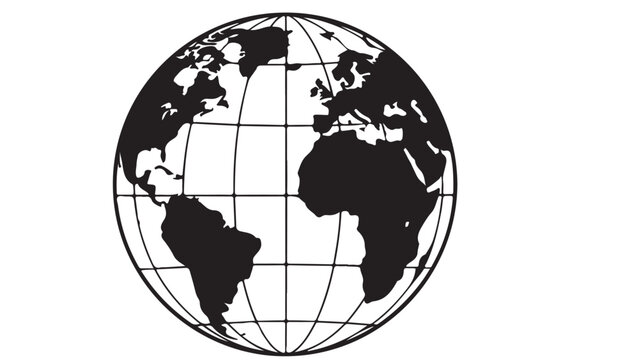 World globe with continents in black, illustration of planet Earth with gridlines