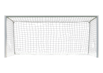 Empty soccer goal,  3D rendering,  light gray metal frame,  fine mesh net,  detailed texture