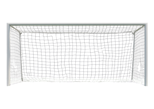 Empty soccer goal,  3D rendering,  light gray metal frame,  fine mesh net,  detailed texture