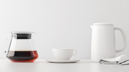 Elegant Coffee Setup with Glass Carafe, White Cup, and Teapot on Minimalist Table