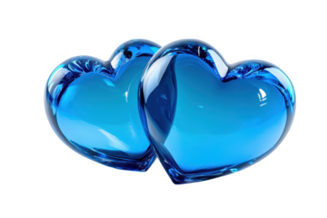 Two intertwined bright blue glass hearts symbolizing love and connection isolated on transparent background