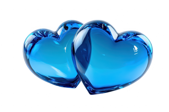 Two intertwined bright blue glass hearts symbolizing love and connection isolated on transparent background