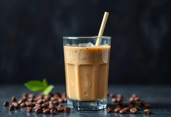 Chilled coffee protein smoothie in glass, collagen boost for skin & joints, joints, creamy