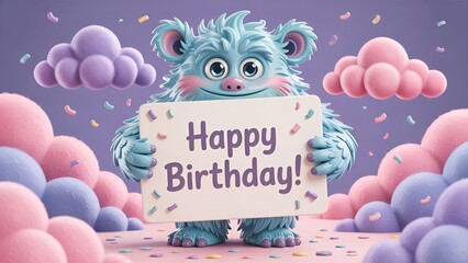 Adorable monster wishes happy birthday holding festive sign amidst pastel clouds and confetti showers