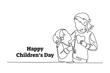 Children day concept. Single line draw design. Vector graphic illustration