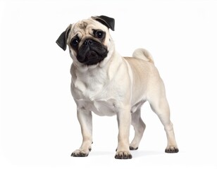 Obraz premium Cute Pug Dog Standing on White Background