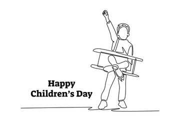 little boy aviator playing and raise hand. Children day concept. Single line draw design. Vector graphic illustration