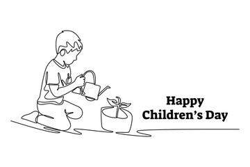 Little cute boy is watering indoor plants. Children day concept. Single line draw design. Vector graphic illustration