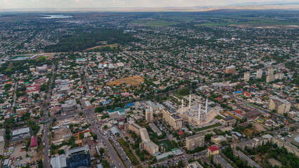 Naklejka premium drone aerial High-angle cityscape of Bishkek featuring the Great Central Mosque
