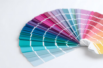 Fan of trendy color swatches arranged on white background. Ideal for design, branding, or print visuals. Vibrant and organized composition.