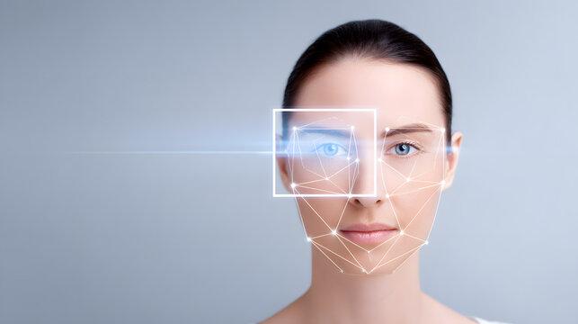 Facial recognition technology interface scanning female face. Represents biometrics, security, and artificial intelligence.