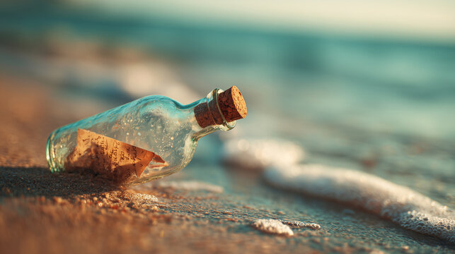 message or treasure in a bottle on the beach — ideal for adventure book covers, travel promotions, or fantasy-themed marketing visuals	